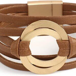 Leather Wrap Bracelets for Women Handmade Boho Circle Charm Adjustable